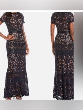Tadashi Shoji Billie Dress Midnight Navy Blue Lace & Sequins -Size 14 EUC
